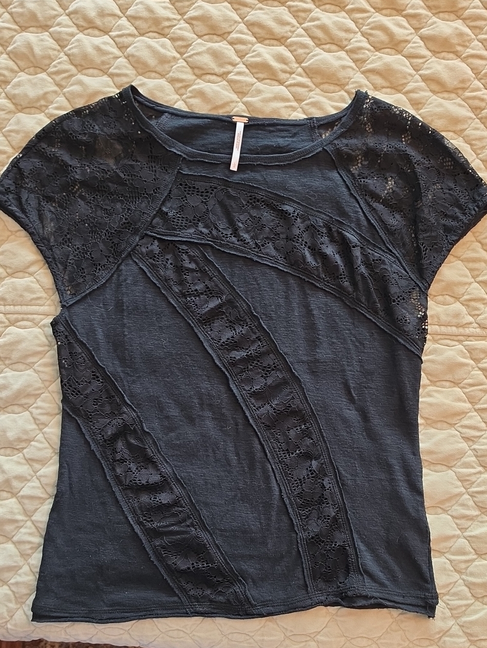 Free People Black Short Sleeve Lace-Panel Tee